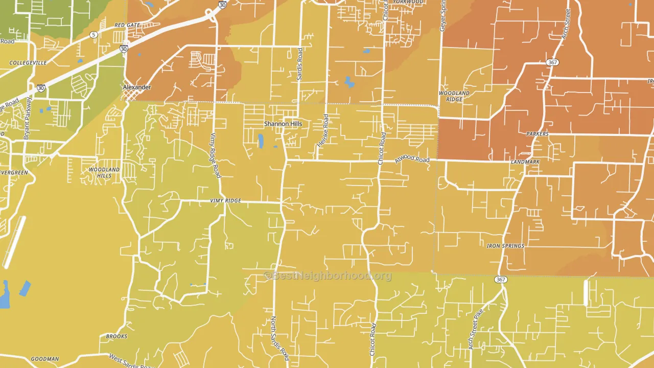 Map of the best neighborhoods in the 72103 area, with better matches in green and worse matches in red