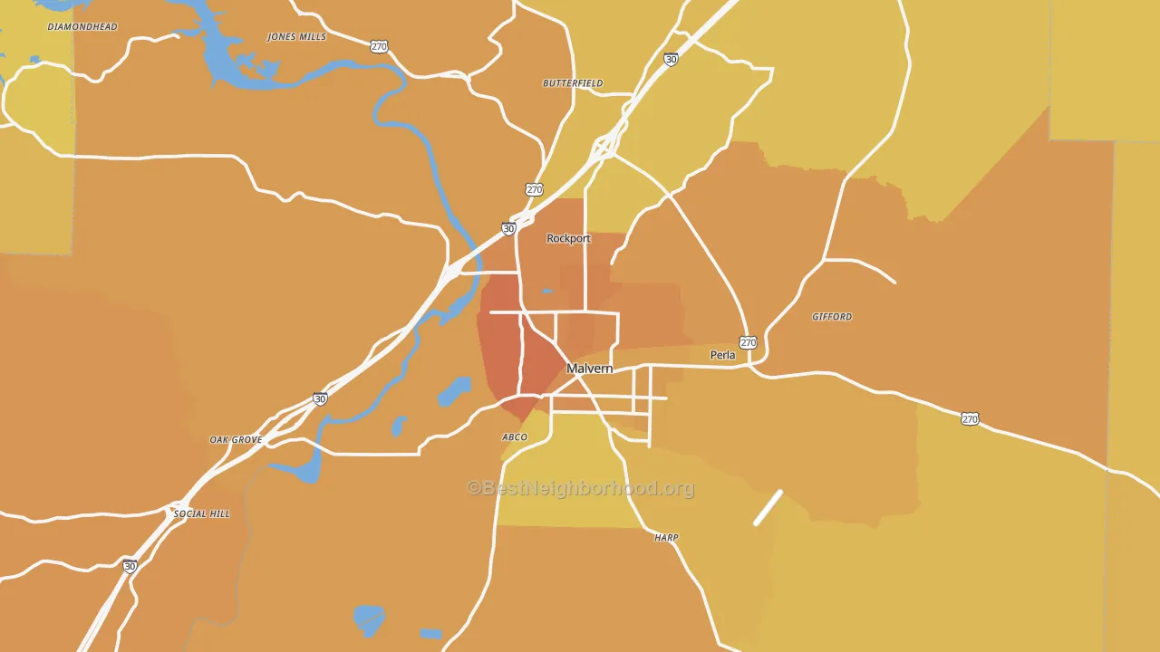 Map of the best neighborhoods in the 72104 area, with better matches in green and worse matches in red
