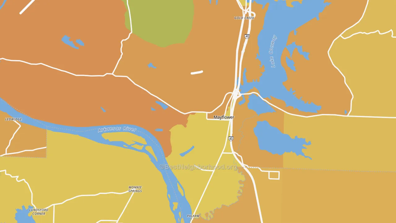 Map of the best neighborhoods in the 72106 area, with better matches in green and worse matches in red