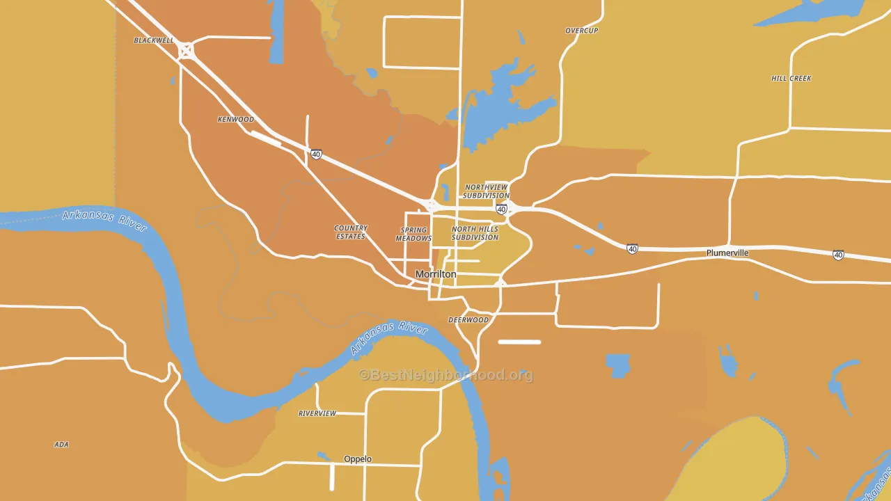 Map of the best neighborhoods in the 72110 area, with better matches in green and worse matches in red