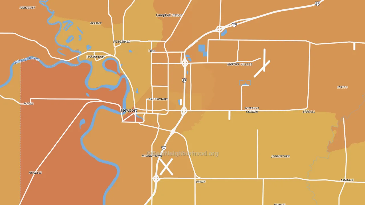 Map of the best neighborhoods in the 72112 area, with better matches in green and worse matches in red