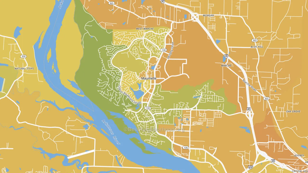 Map of the best neighborhoods in the 72113 area, with better matches in green and worse matches in red