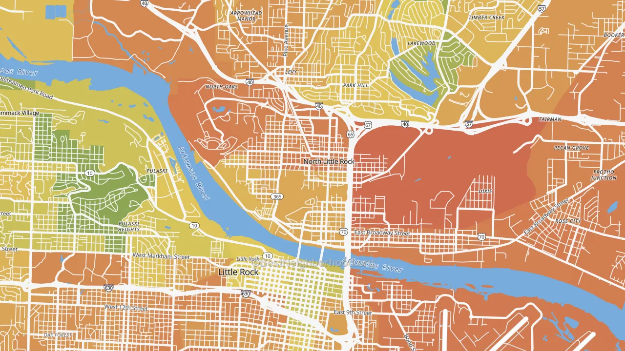 Map of the best neighborhoods in the 72114 area, with better matches in green and worse matches in red