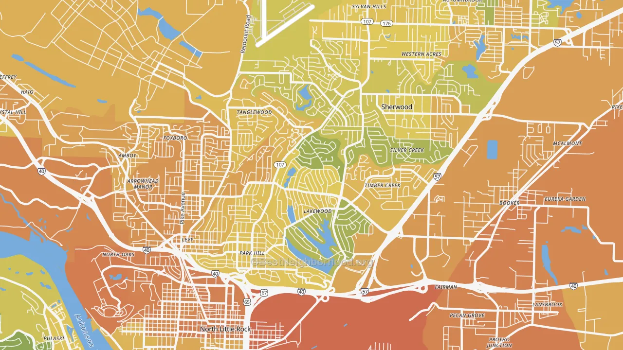 Map of the best neighborhoods in the 72116 area, with better matches in green and worse matches in red
