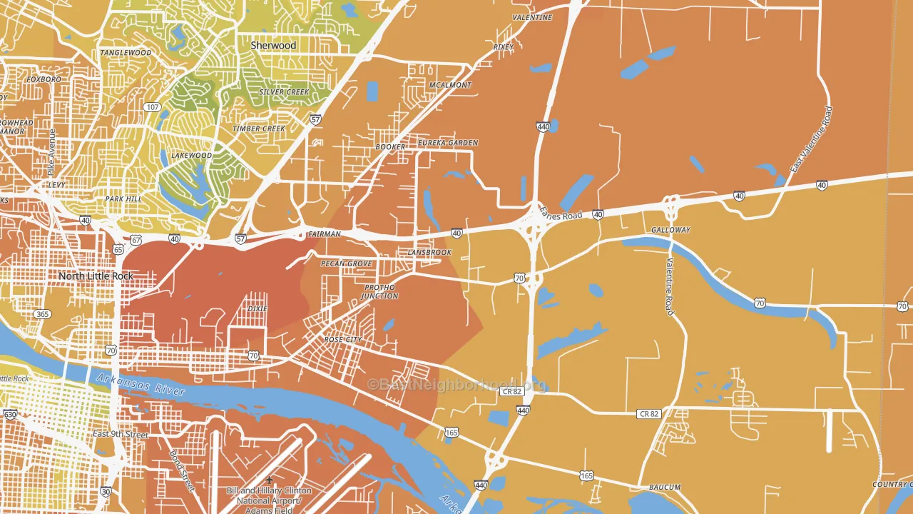 Map of the best neighborhoods in the 72117 area, with better matches in green and worse matches in red