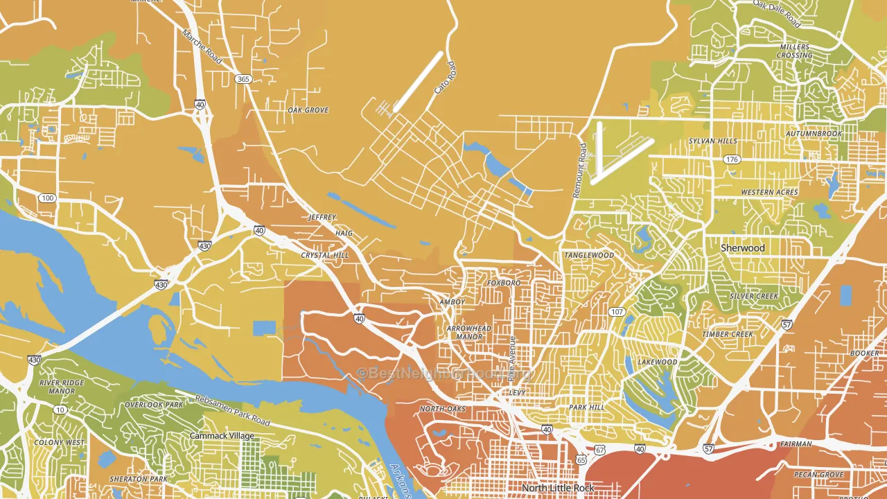 Map of the best neighborhoods in the 72118 area, with better matches in green and worse matches in red
