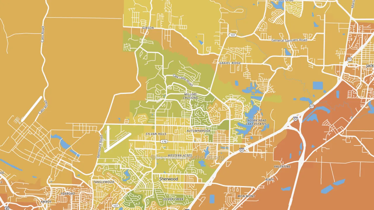 Map of the best neighborhoods in the 72120 area, with better matches in green and worse matches in red