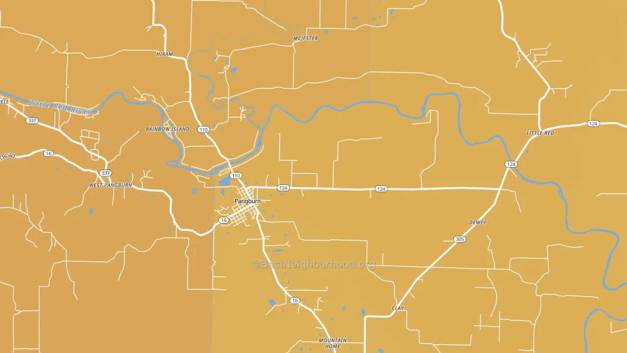 Map of the best neighborhoods in the 72121 area, with better matches in green and worse matches in red