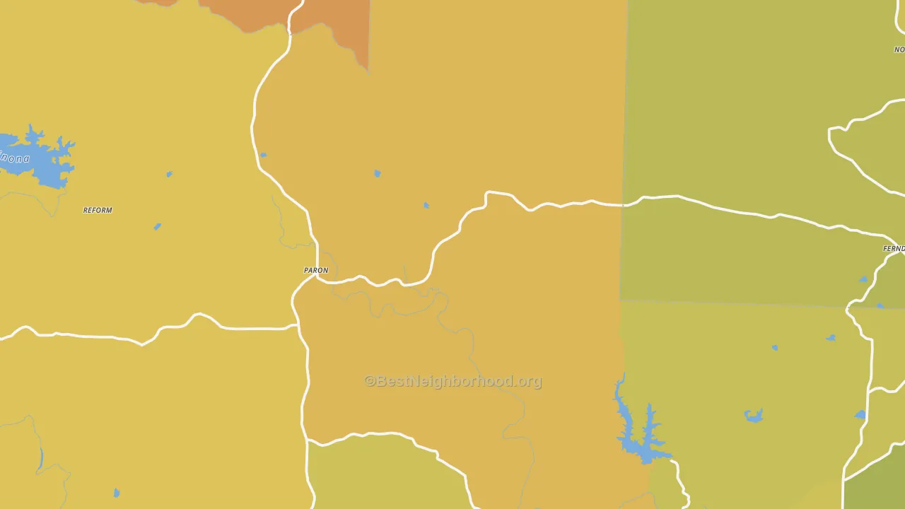 Map of the best neighborhoods in the 72122 area, with better matches in green and worse matches in red