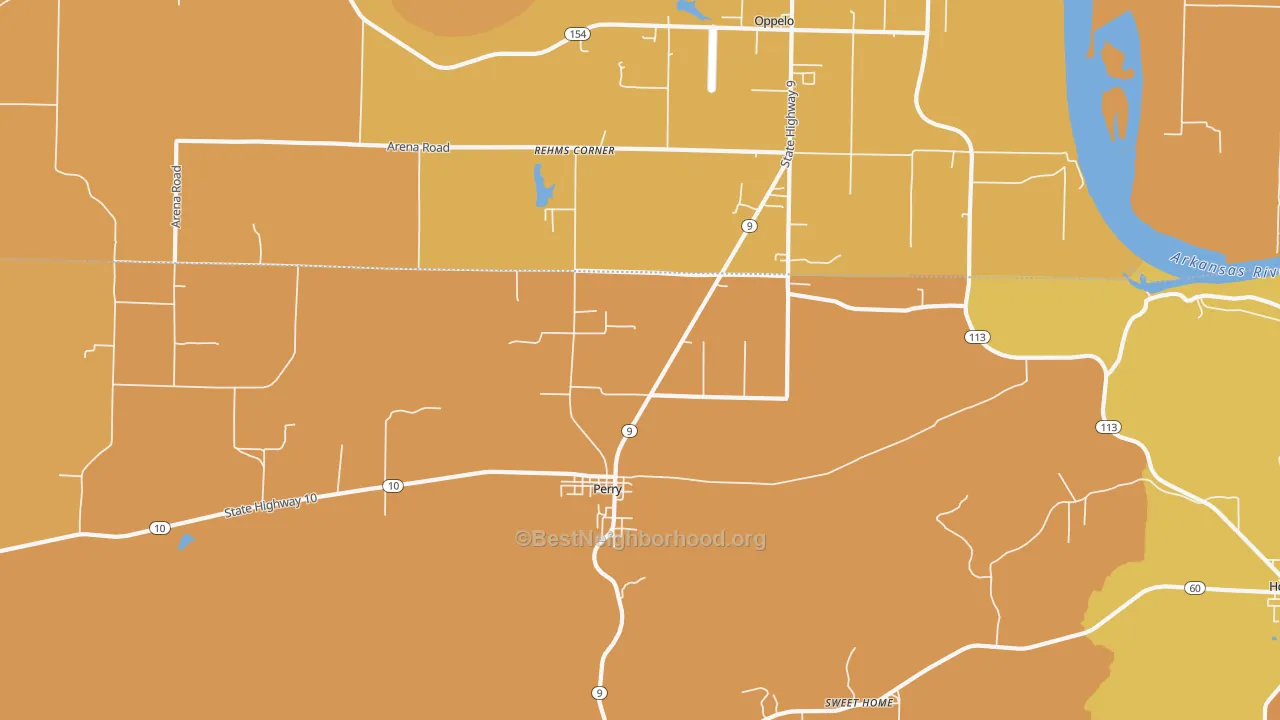 Map of the best neighborhoods in the 72125 area, with better matches in green and worse matches in red