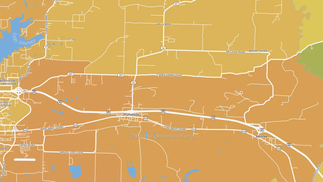 Map of the best neighborhoods in the 72127 area, with better matches in green and worse matches in red