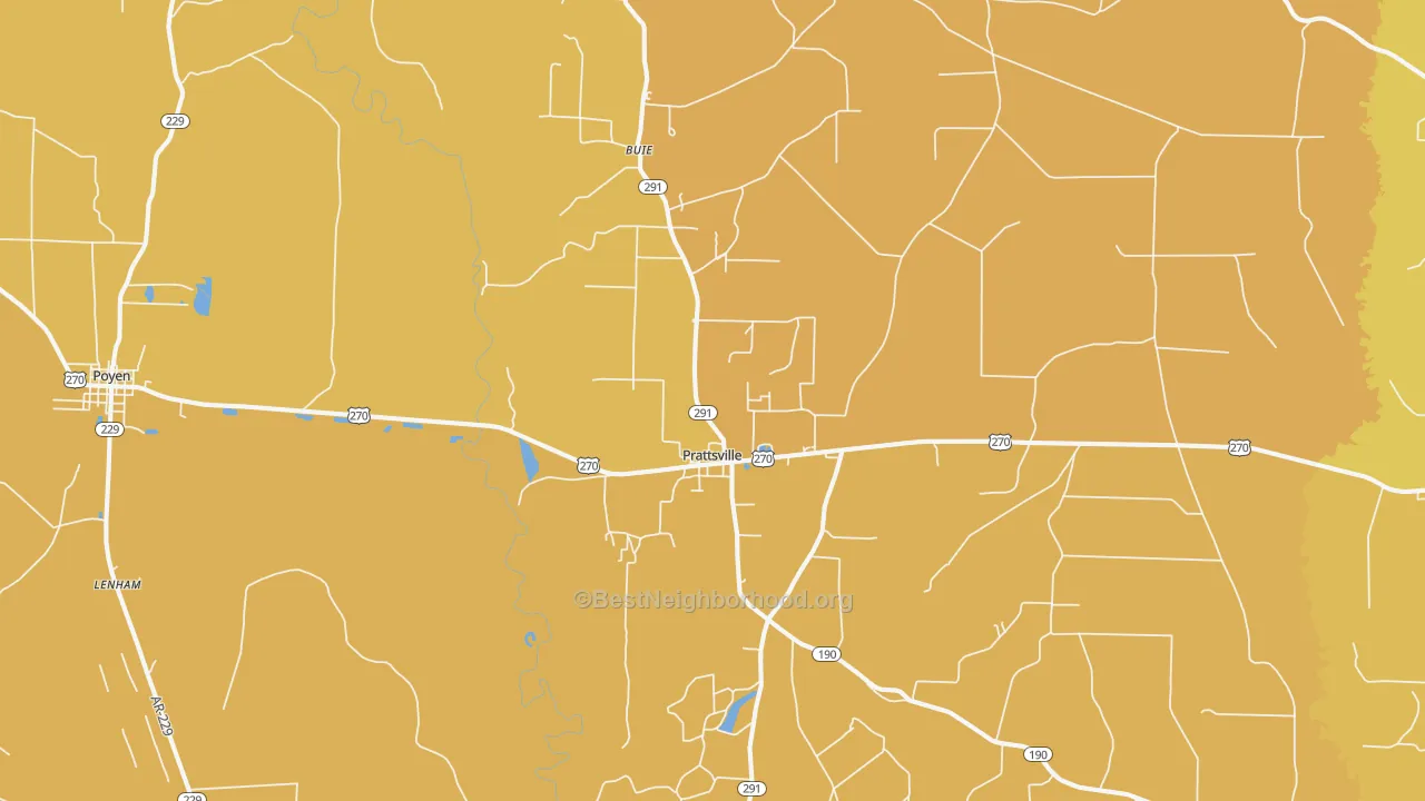 Map of the best neighborhoods in the 72129 area, with better matches in green and worse matches in red