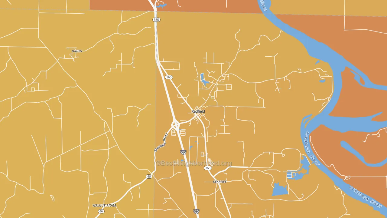 Map of the best neighborhoods in the 72132 area, with better matches in green and worse matches in red