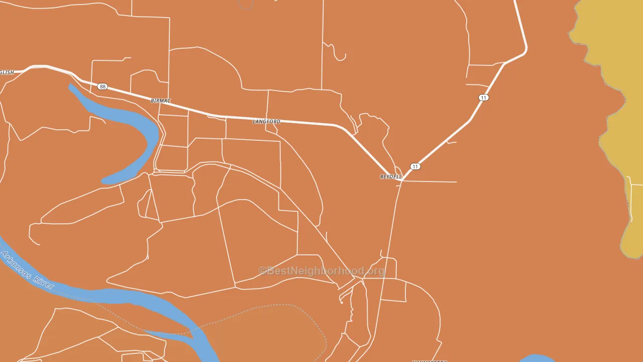 Map of the best neighborhoods in the 72133 area, with better matches in green and worse matches in red