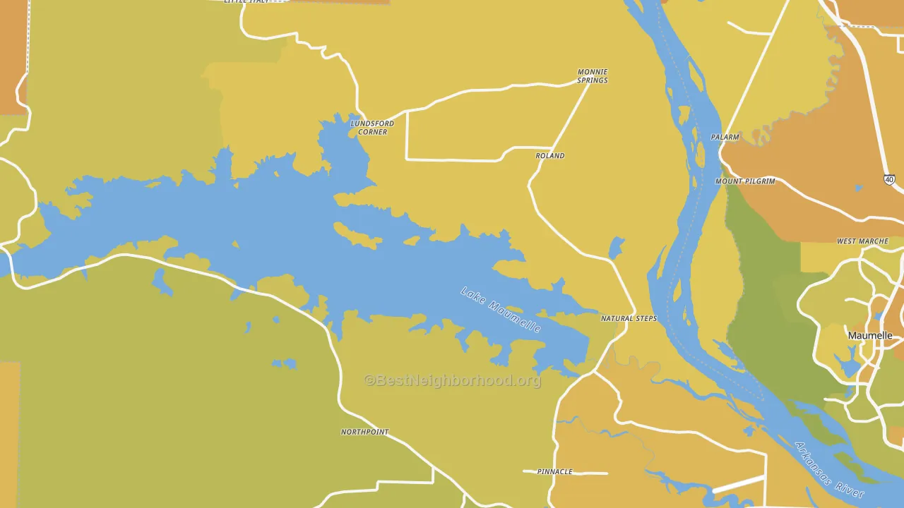 Map of the best neighborhoods in the 72135 area, with better matches in green and worse matches in red
