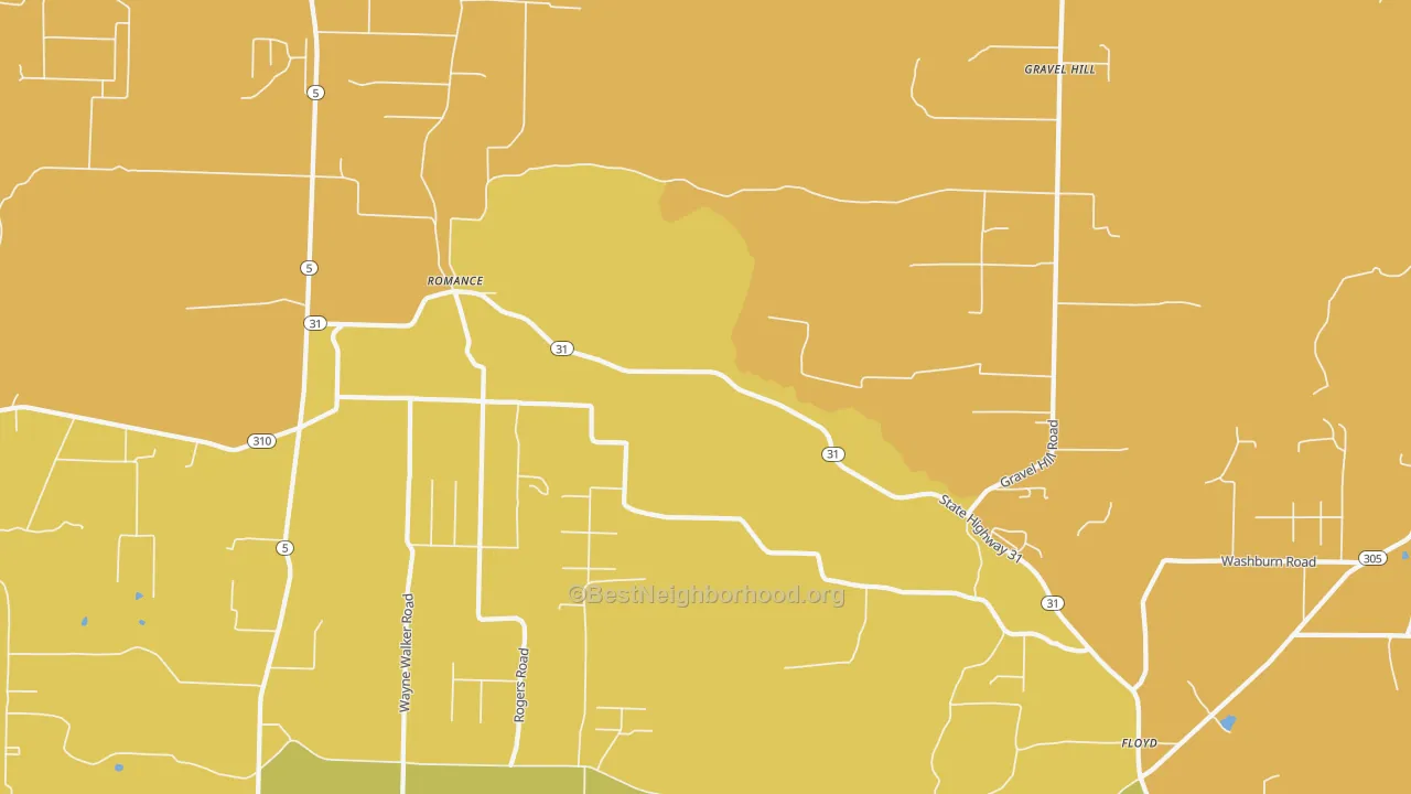 Map of the best neighborhoods in the 72136 area, with better matches in green and worse matches in red