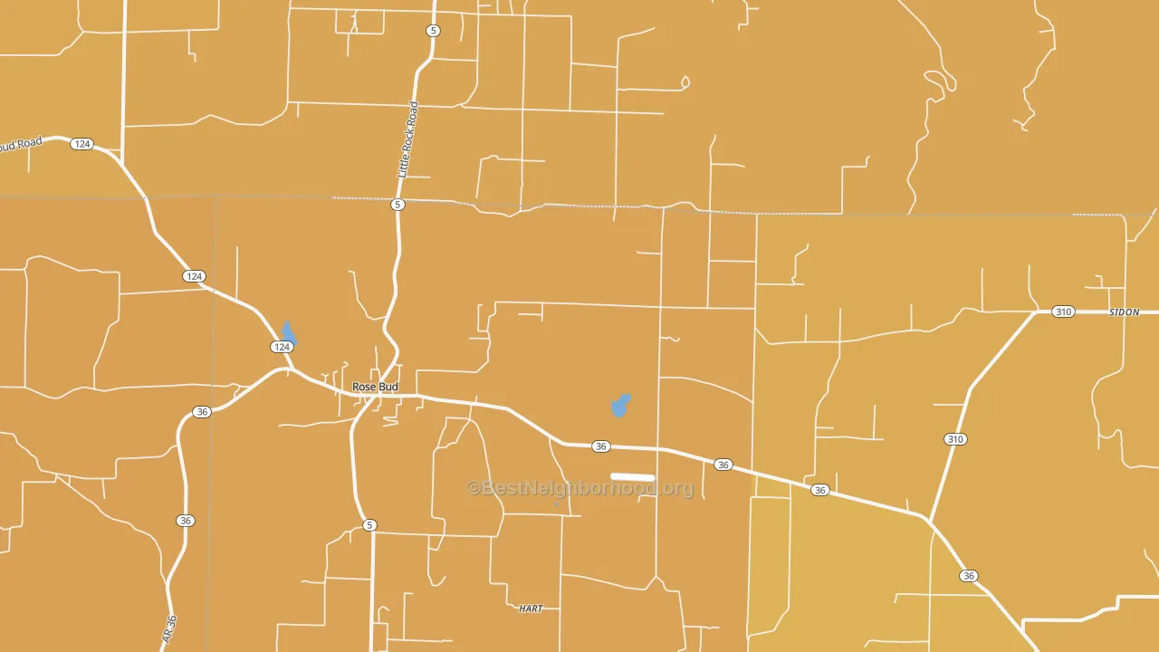 Map of the best neighborhoods in the 72137 area, with better matches in green and worse matches in red