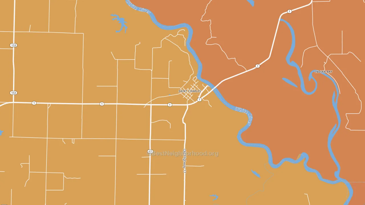 Map of the best neighborhoods in the 72140 area, with better matches in green and worse matches in red