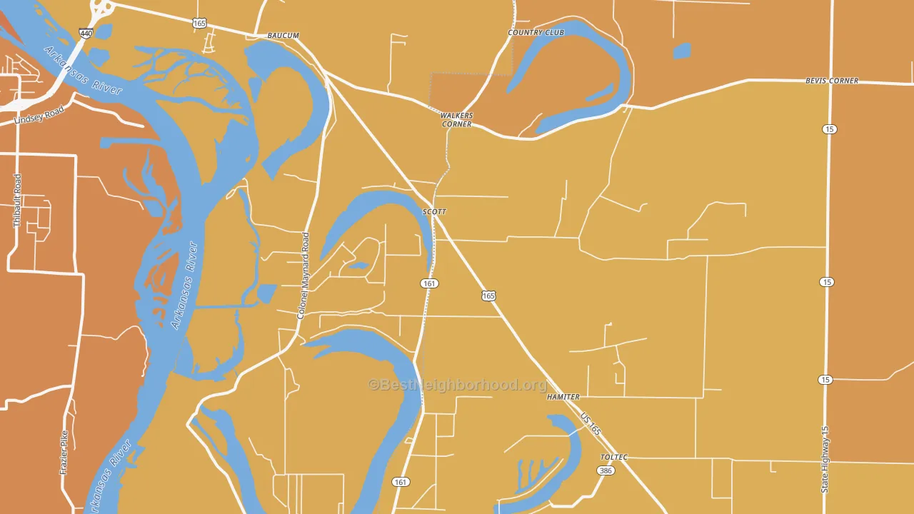 Map of the best neighborhoods in the 72142 area, with better matches in green and worse matches in red