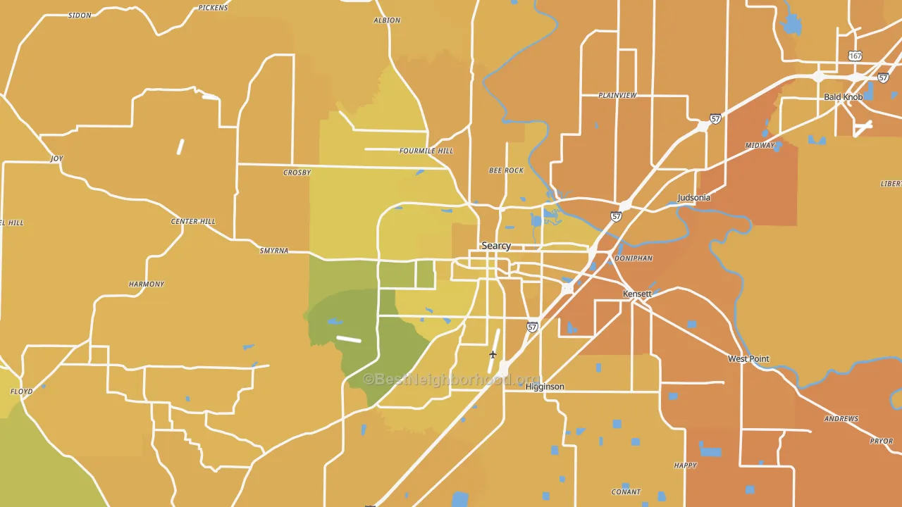 Map of the best neighborhoods in the 72143 area, with better matches in green and worse matches in red