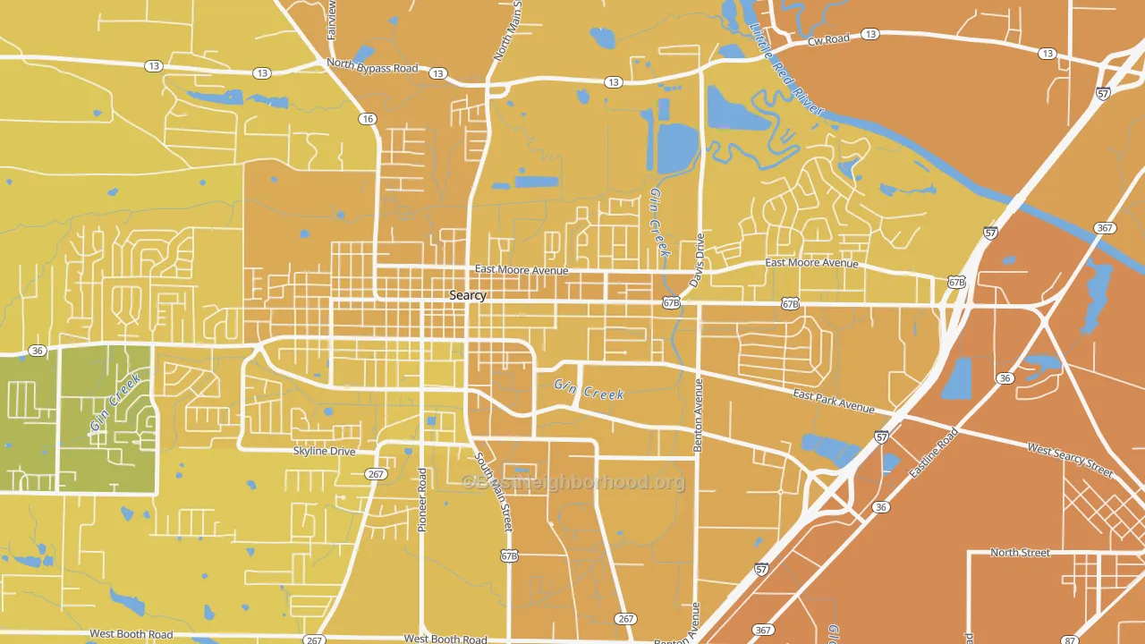 Map of the best neighborhoods in the 72149 area, with better matches in green and worse matches in red