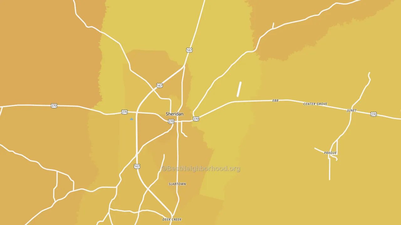 Map of the best neighborhoods in the 72150 area, with better matches in green and worse matches in red