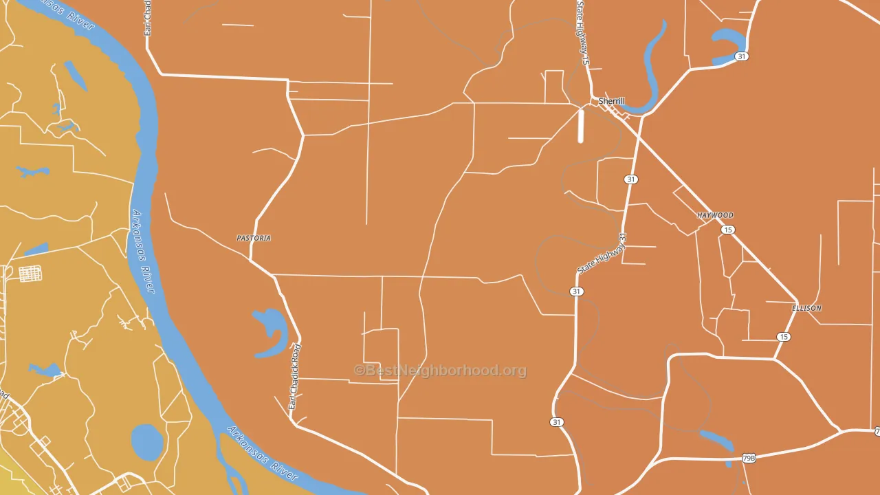 Map of the best neighborhoods in the 72152 area, with better matches in green and worse matches in red