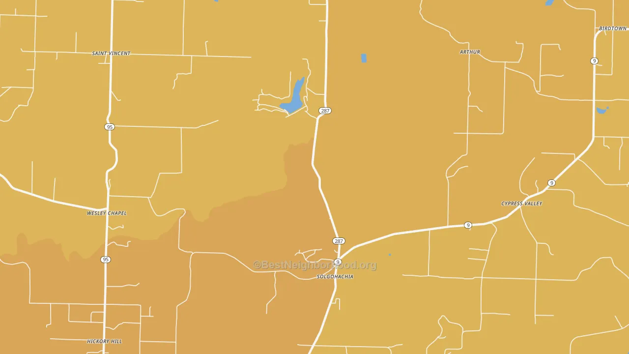 Map of the best neighborhoods in the 72156 area, with better matches in green and worse matches in red