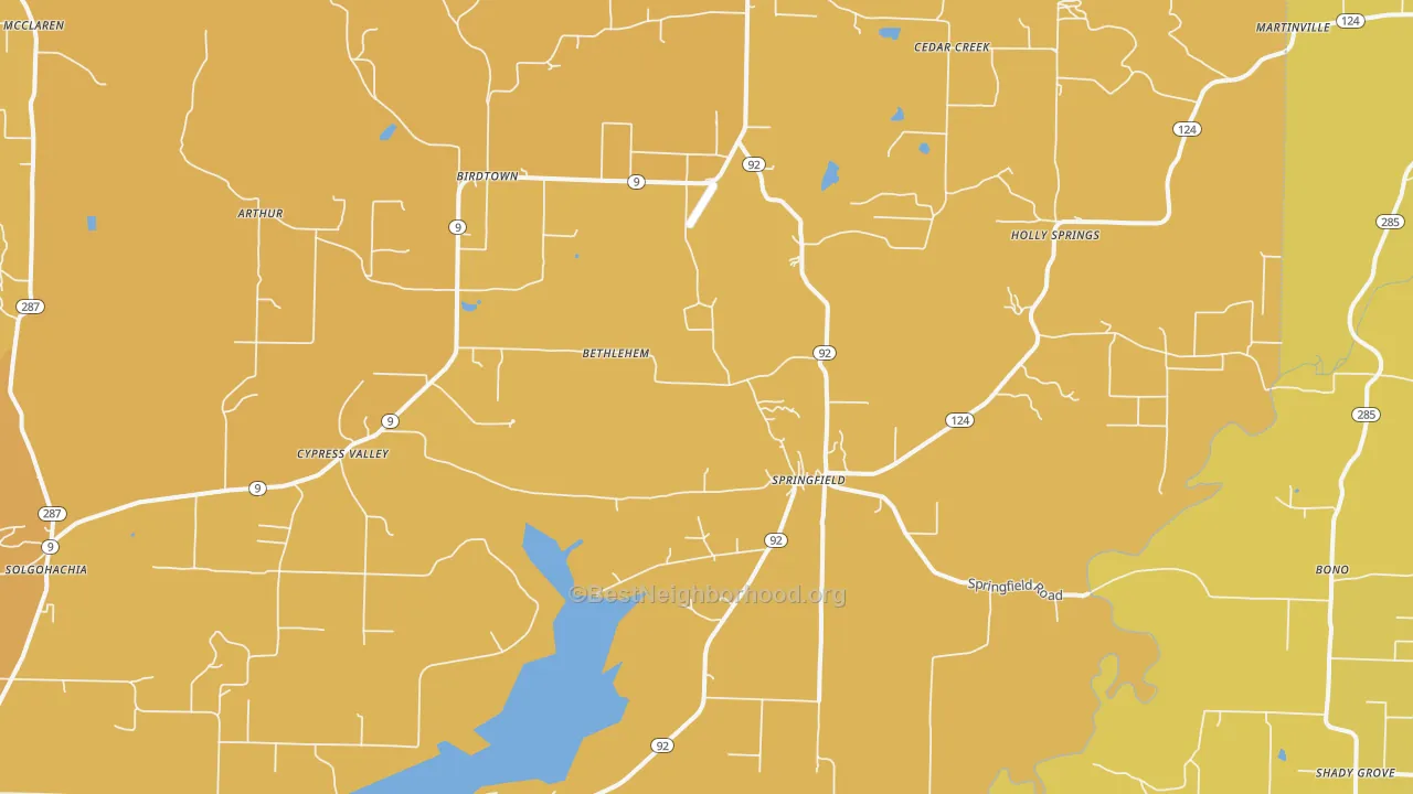 Map of the best neighborhoods in the 72157 area, with better matches in green and worse matches in red