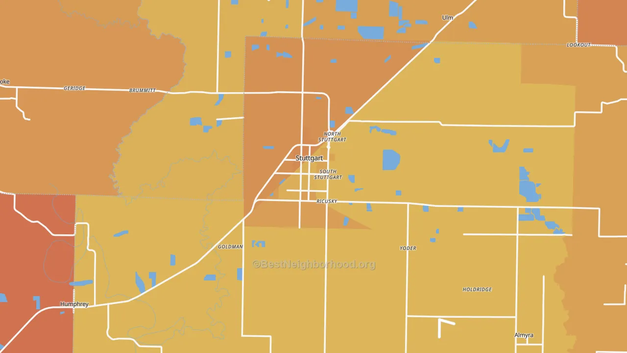 Map of the best neighborhoods in the 72160 area, with better matches in green and worse matches in red