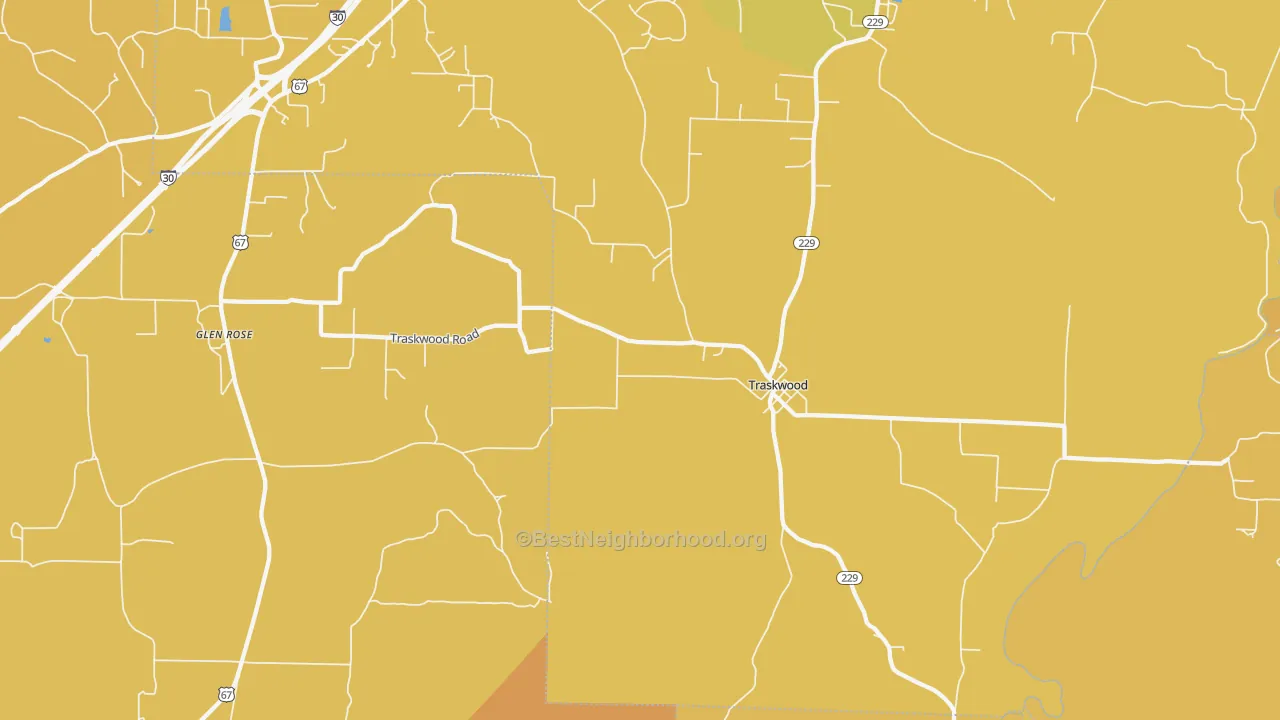 Map of the best neighborhoods in the 72167 area, with better matches in green and worse matches in red