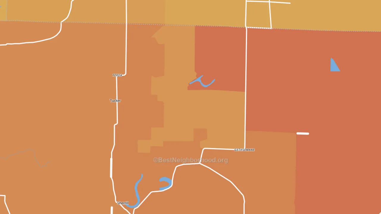 Map of the best neighborhoods in the 72168 area, with better matches in green and worse matches in red