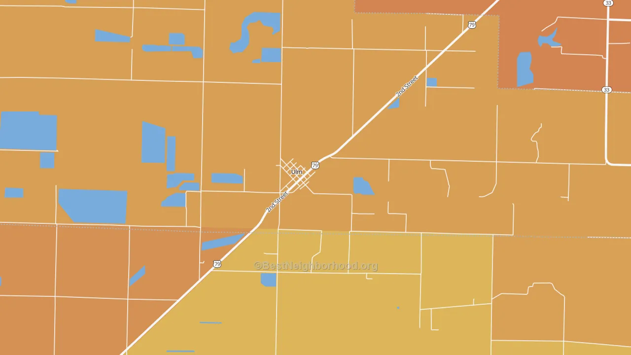 Map of the best neighborhoods in the 72170 area, with better matches in green and worse matches in red