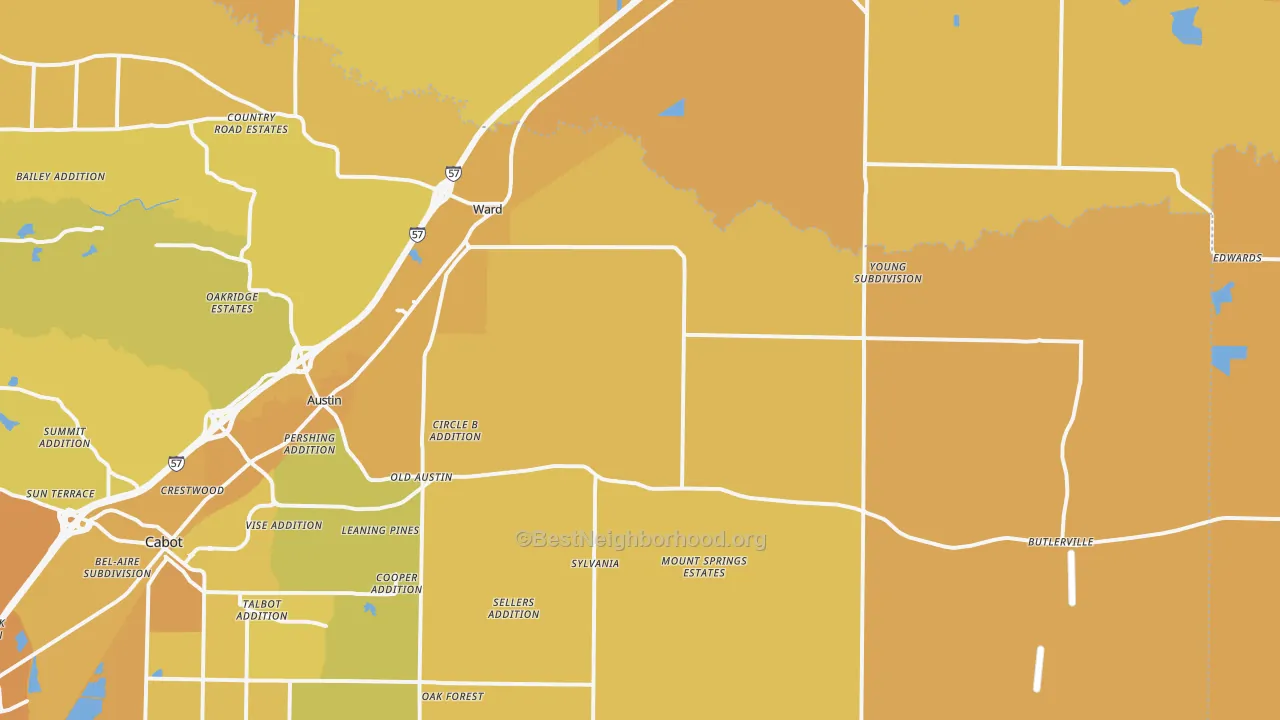 Map of the best neighborhoods in the 72176 area, with better matches in green and worse matches in red