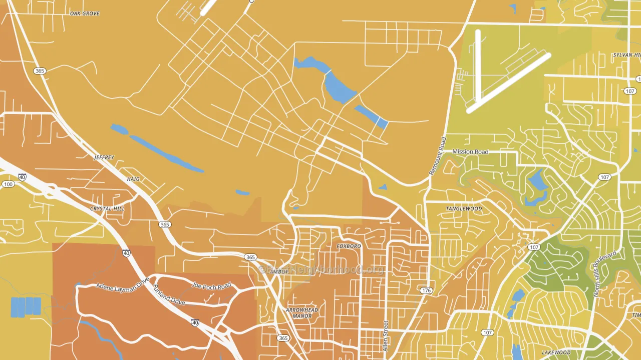 Map of the best neighborhoods in the 72199 area, with better matches in green and worse matches in red
