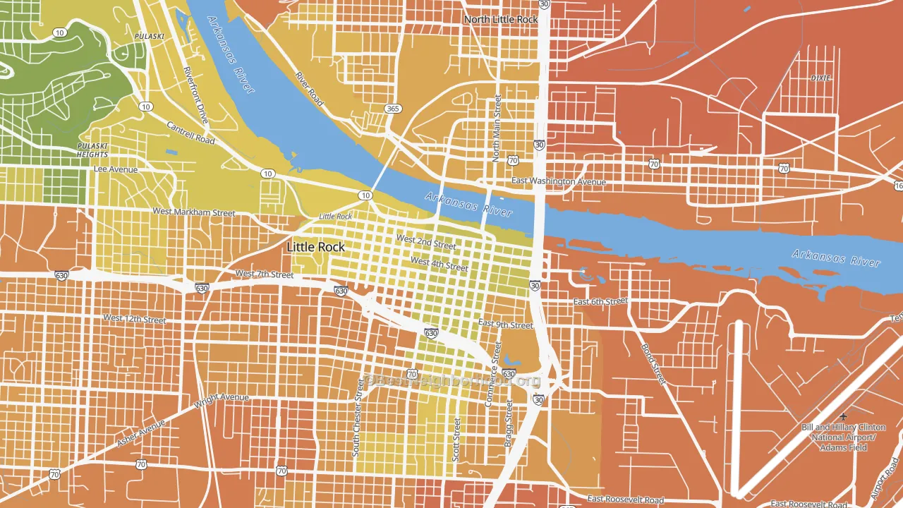 Map of the best neighborhoods in the 72201 area, with better matches in green and worse matches in red