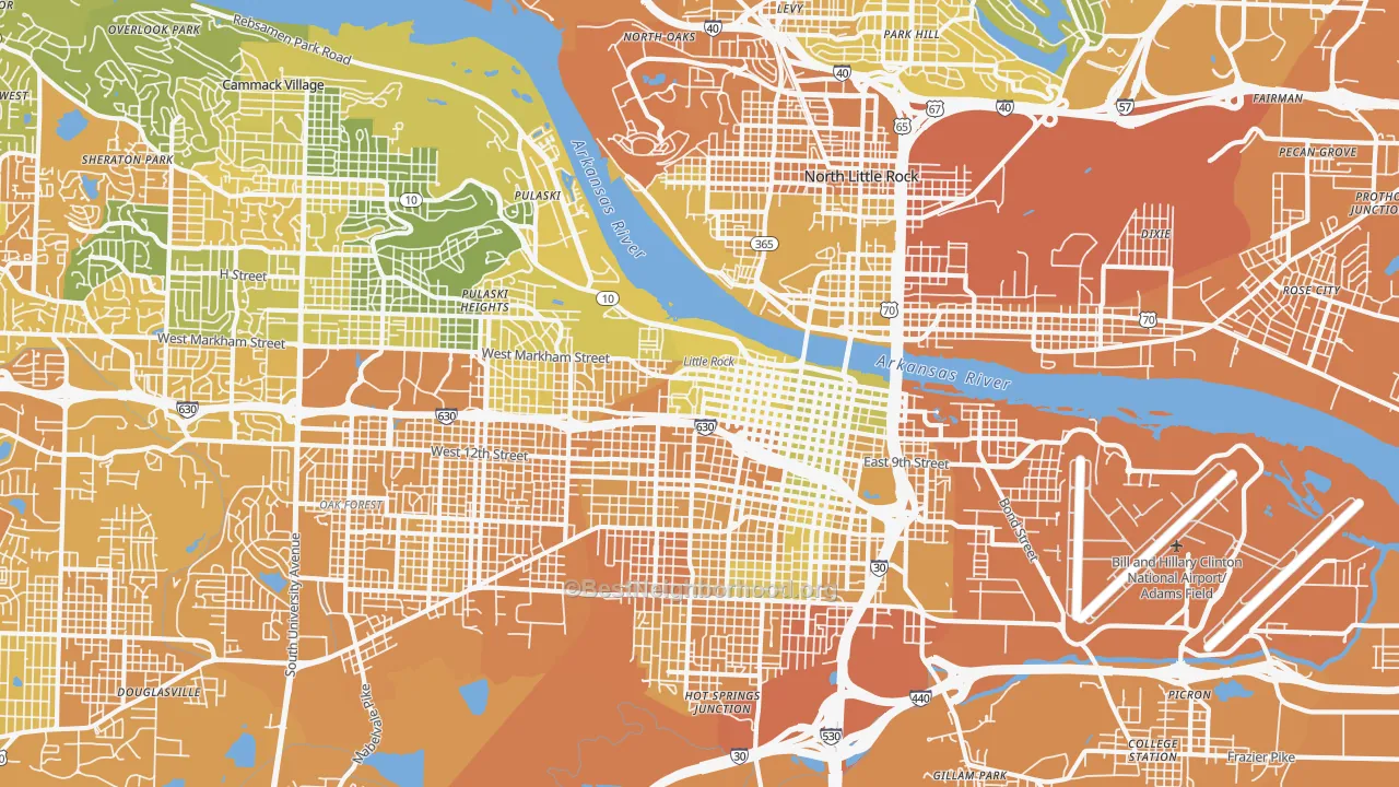 Map of the best neighborhoods in the 72202 area, with better matches in green and worse matches in red