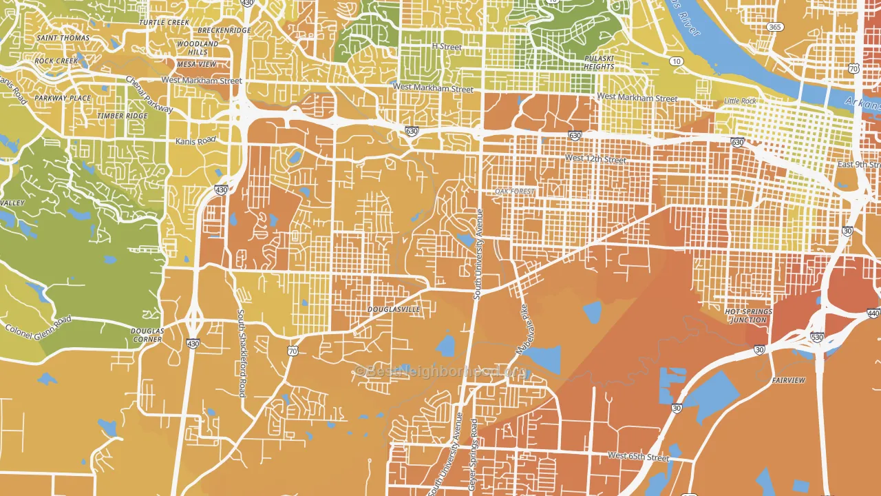 Map of the best neighborhoods in the 72204 area, with better matches in green and worse matches in red