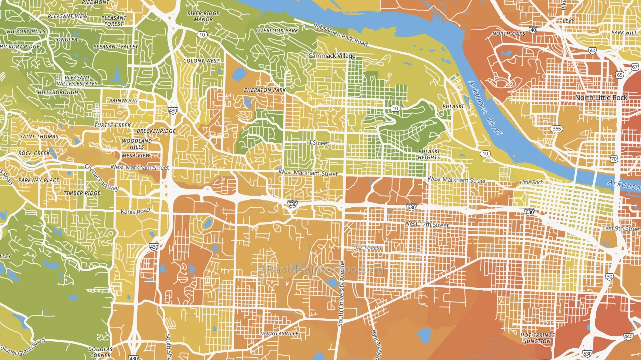 Map of the best neighborhoods in the 72205 area, with better matches in green and worse matches in red