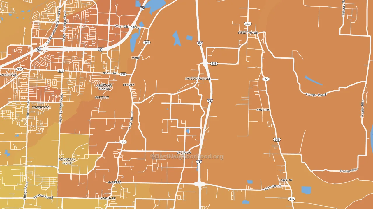 Map of the best neighborhoods in the 72206 area, with better matches in green and worse matches in red
