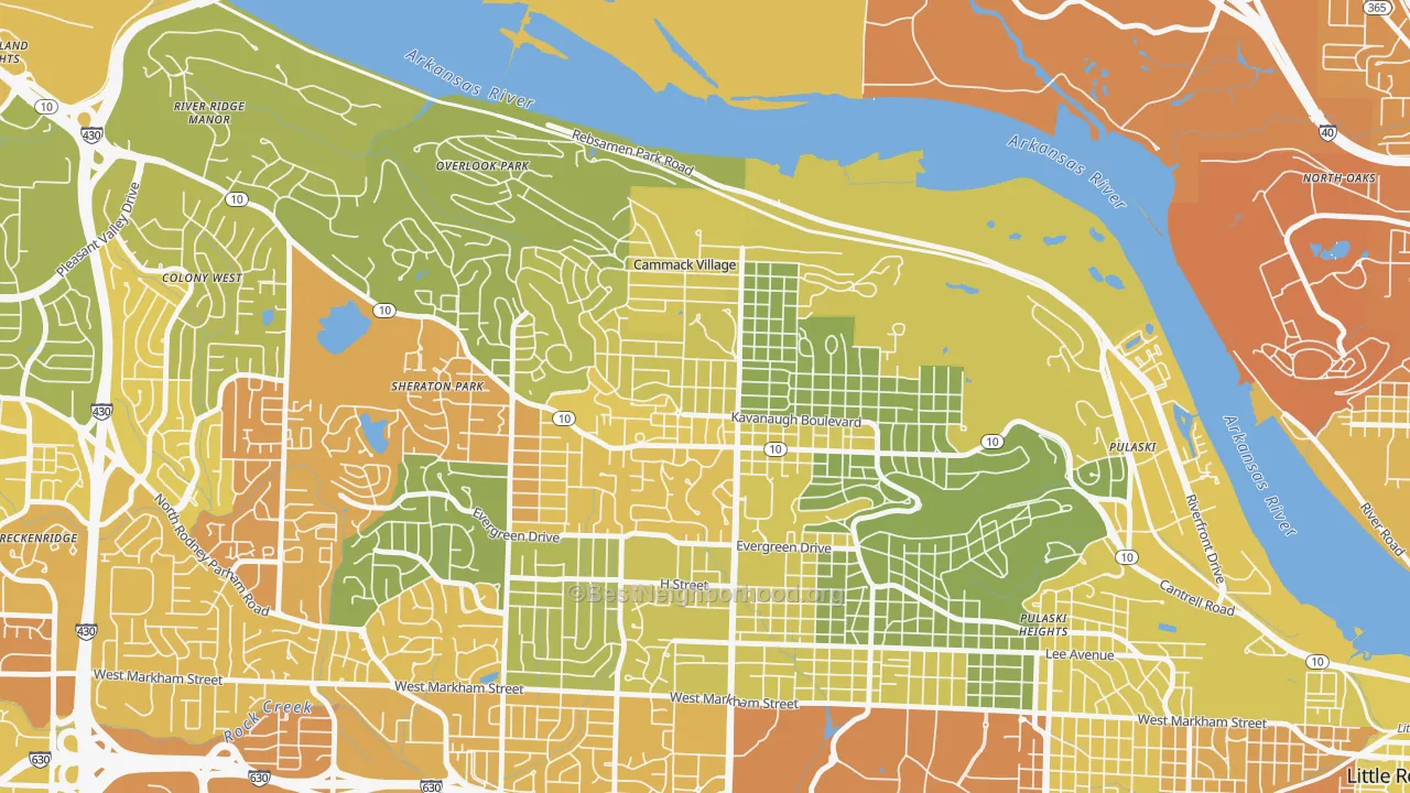 Map of the best neighborhoods in the 72207 area, with better matches in green and worse matches in red