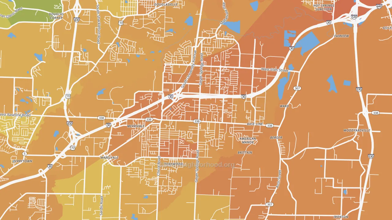 Map of the best neighborhoods in the 72209 area, with better matches in green and worse matches in red