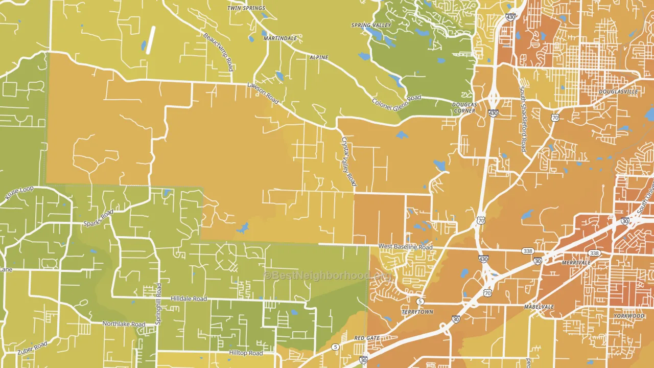 Map of the best neighborhoods in the 72210 area, with better matches in green and worse matches in red