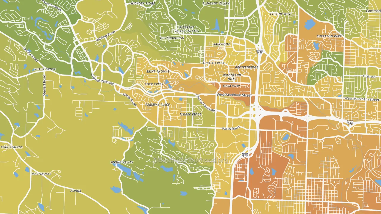 Map of the best neighborhoods in the 72211 area, with better matches in green and worse matches in red