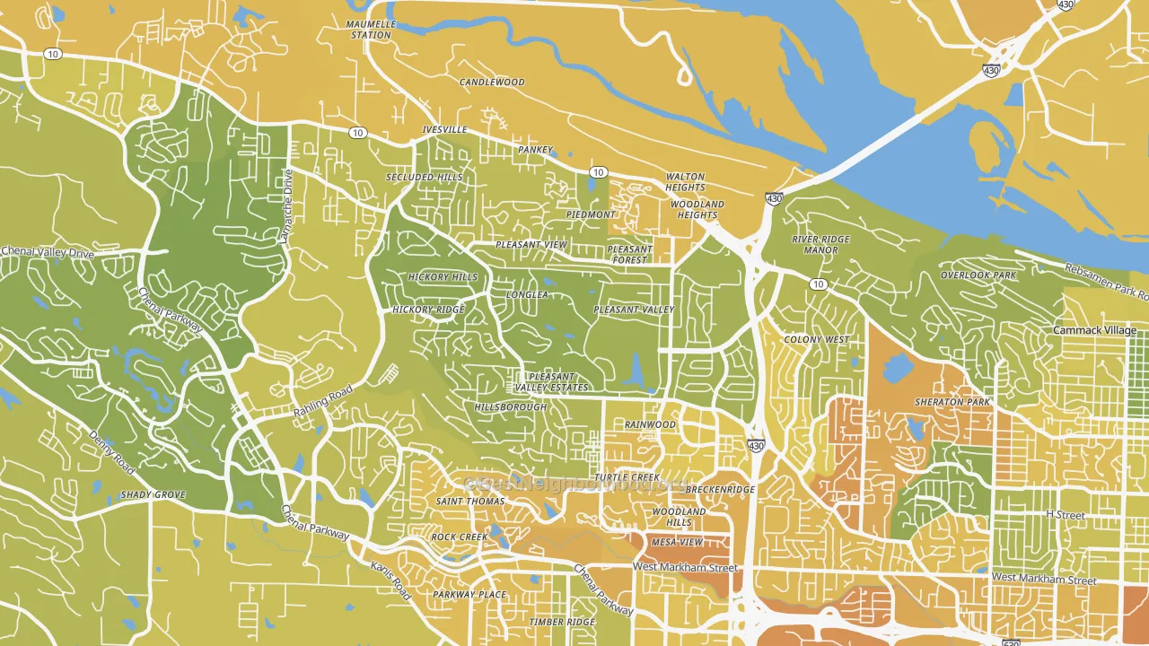 Map of the best neighborhoods in the 72212 area, with better matches in green and worse matches in red