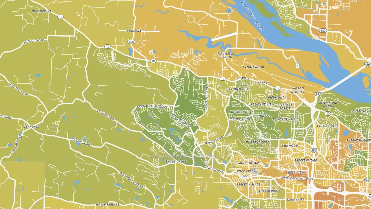 Map of the best neighborhoods in the 72223 area, with better matches in green and worse matches in red