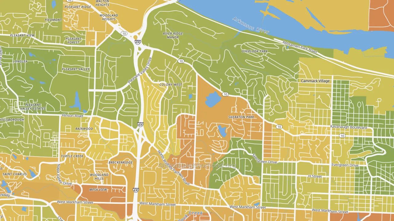 Map of the best neighborhoods in the 72227 area, with better matches in green and worse matches in red