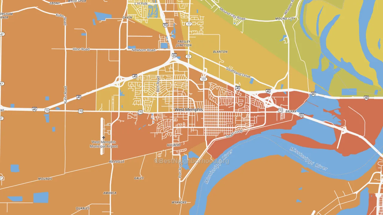 Map of the best neighborhoods in the 72301 area, with better matches in green and worse matches in red