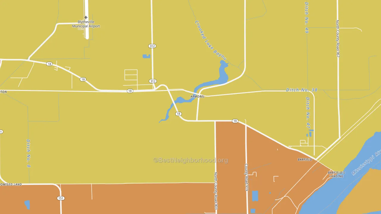 Map of the best neighborhoods in the 72310 area, with better matches in green and worse matches in red