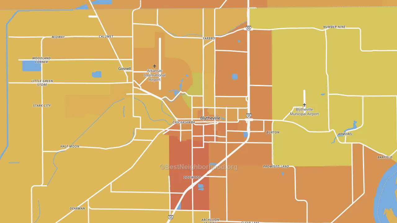 Map of the best neighborhoods in the 72315 area, with better matches in green and worse matches in red